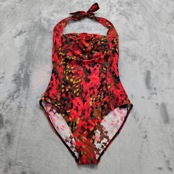 NEW Ingear Swimsuit Womens 16 Red Black Geometric Halter Tie Ruched Built-In Pad - Picture 1 of 14